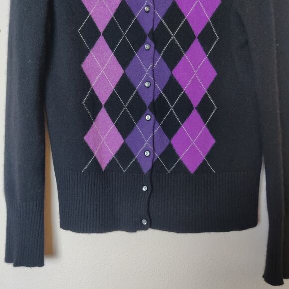 Apt 9 100% Cashmere Purple Argyle Diamond Cardigan Sweater Medium Preppy Cozy - Picture 4 of 10